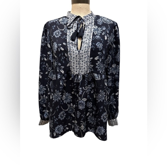 Dip Floral Peplum Blue Long Sleeve Size Medium Drawstrings - Picture 2 of 10